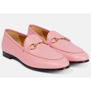 Gucci Jordaan Butterfly Pink Leather Gold Horsebit Mule Slipper Flat Loafer 42